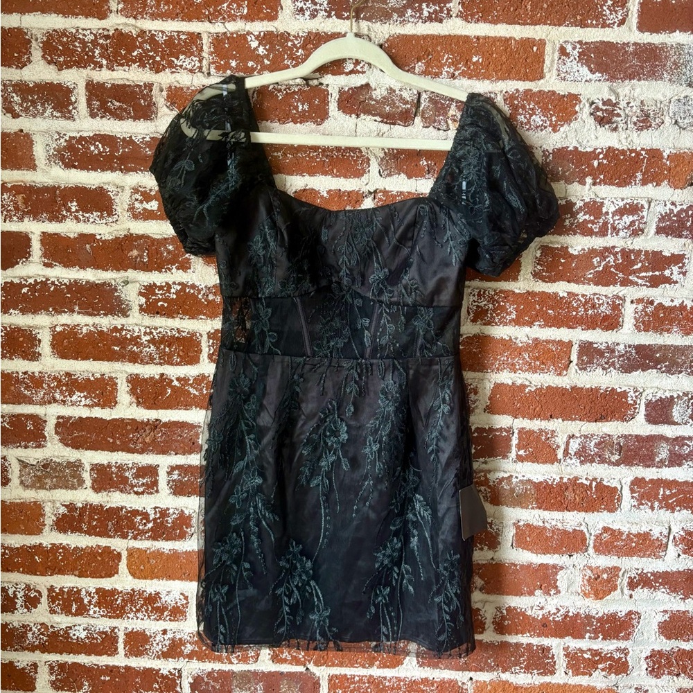 NWT Lulus Seriously Cute Black Embroidered Mesh Puff Sleeve Mini Dress - Picture 5 of 8